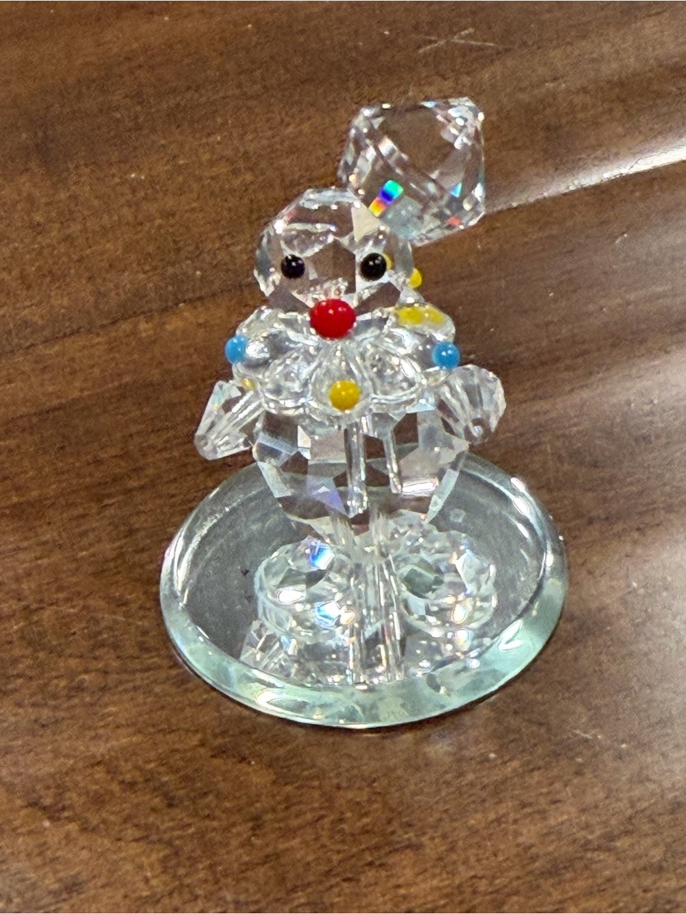 Miniature Crystal Clown Figurine, Mirror Base, Clear Faceted Art Glass, Vintage